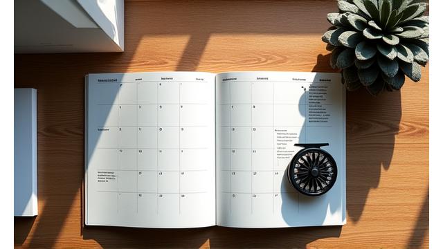 Kalender und Notizbuch mit Angelrute, symbolisiert die einfache und flexible Buchung von Alpenström Angler Workshops.