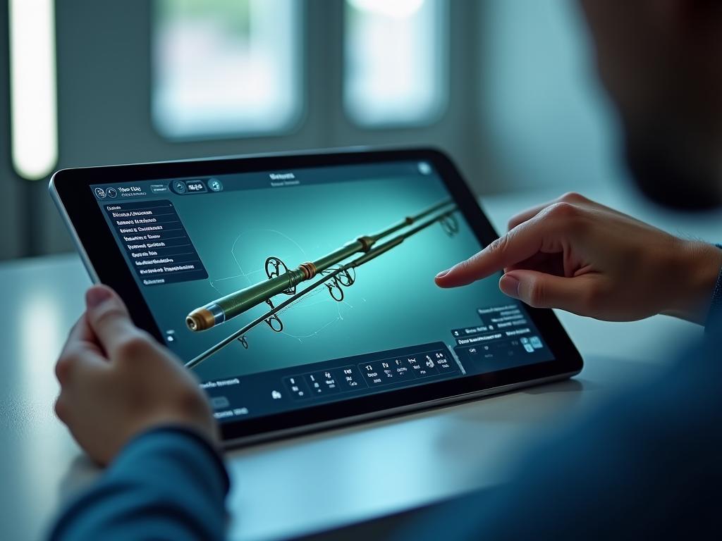 Ein interaktiver 3D-Konfigurator für Angelruten auf einem Tablet, der eine detaillierte, anpassbare Rute in Echtzeit anzeigt.