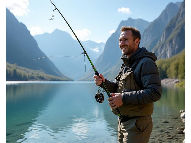 Ein glücklicher Angler mit einer Custom Rod in den Schweizer Alpen, vor einem klaren Bergsee.