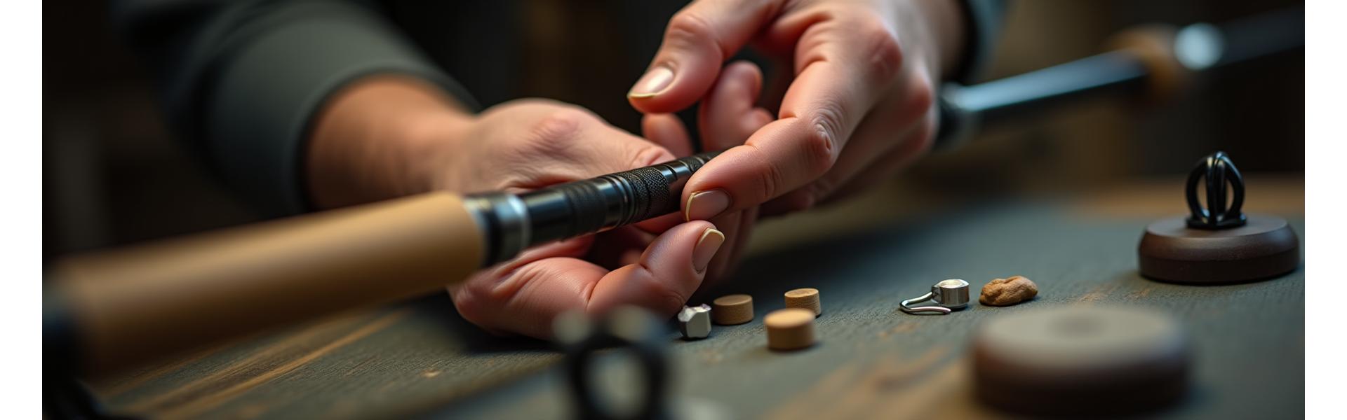Nahaufnahme einer eleganten Angelrute, die von Grund auf neu gebaut wird, mit Präzisionswerkzeugen und hochwertigen Materialien im Hintergrund. Fokus auf Schweizer Details und Handwerkskunst.
