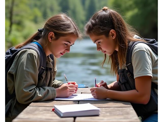 Jugendliche entnehmen Wasserproben und dokumentieren sie, in einem Outdoor-Labor