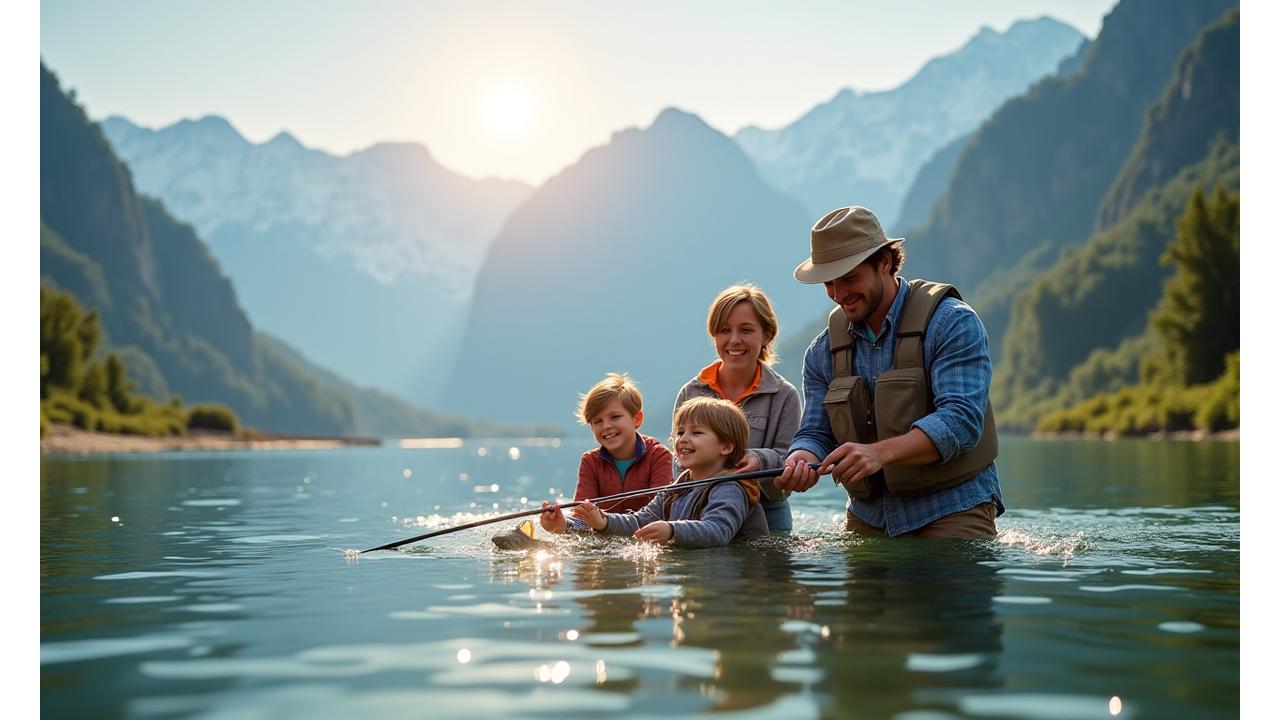 Fröhliche Familie angelt gemeinsam an einem klaren Schweizer Bergsee, im Hintergrund majestätische Alpen