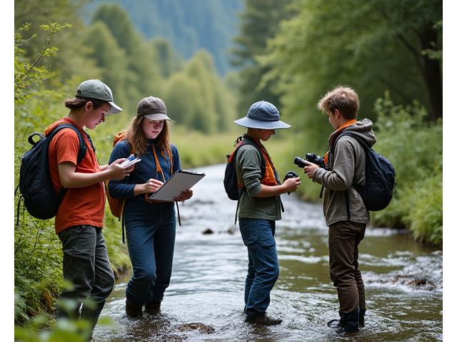 Gruppe junger Menschen mit Ferngläsern und Notizbüchern in der Schweizer Natur, bei der Datenerfassung