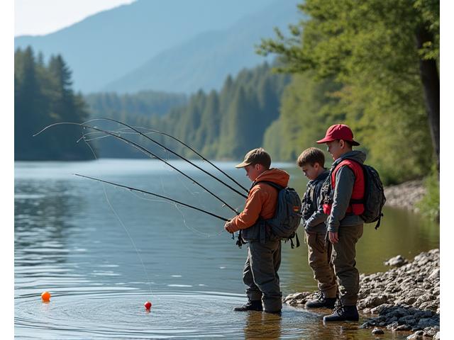 Gruppe von Kindern (7-10) konzentriert sich beim Werfen mit einer echten Angelrute, unter Anleitung eines Erwachsenen