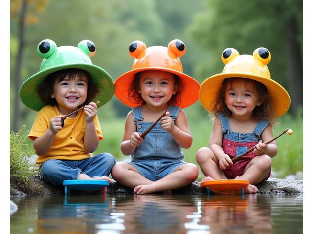 Drei kleine Kinder (4-6) mit übergrossen Angelhüten, die spielerisch eine Spielangelrutte halten