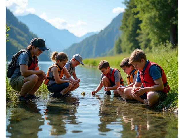 Schulklasse mit Lehrern und Alpenström Angler Guides beobachtet Insekten in einem Gewässer am Ufer eines Schweizer Sees