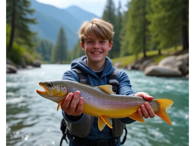 Teenager (11-16) zeigt stolz einen gefangenen Fisch, während ein Kursleiter assistiert, im Hintergrund ein Schweizer See