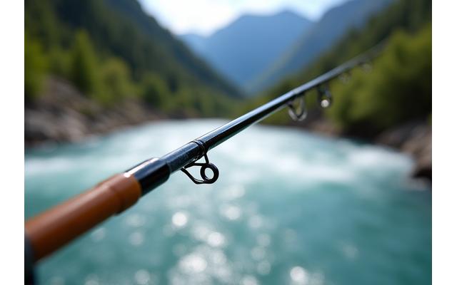 Moderne High-End Carbon-Fliegenrute mit präzisem Rollenhalter vor dem Hintergrund einer alpinen Landschaft