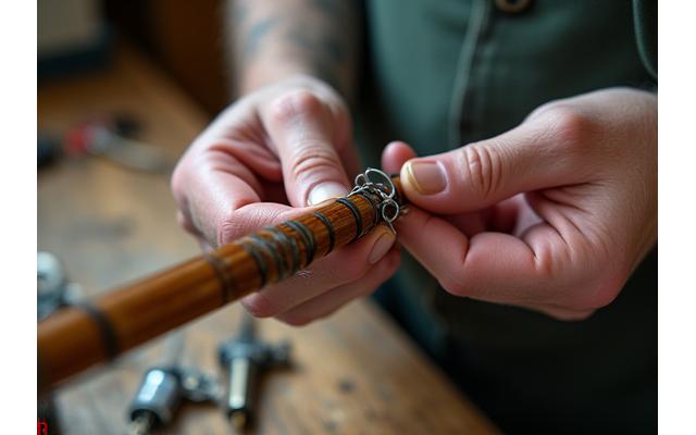 Nahaufnahme eines Meisters, der an einer Custom-Fliegenrute arbeitet, Fokus auf die Wickeldetails und seine Hände