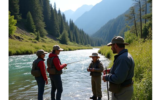 Eine Gruppe von Fliegenfischern bei einem Intensivkurs in einer malerischen Berglandschaft mit klarem Bach