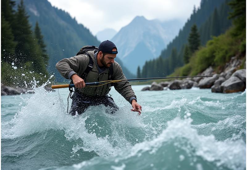Ein Fliegenfischer kämpft in einem reißenden Wildwasserbach um einen Fisch, umgeben von majestätischen Alpenbergen