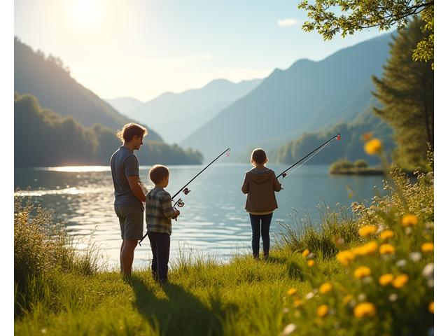 Eine lachende Familie – Vater, Mutter und zwei Kinder – sitzt am Ufer eines sonnigen Schweizer Sees und angelt gemeinsam. Die Kinder halten kleine, kinderfreundliche Angelruten und blicken begeistert auf ihre Schnüre, während der Vater ihnen behilflich ist.