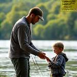 Porträt von David Schmidt, einem geduldigen Angelführer, der einem Kind beim Werfen der Angel hilft, Szene an einem ruhigen Fluss im Entlebuch.