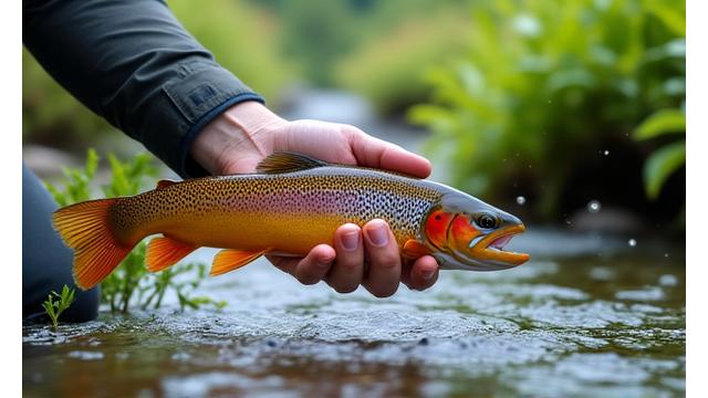 Ein Angler im Frühling, der vorsichtig eine frisch gefangene Bachforelle aus einem klaren Schweizer Wildbach holt. Die Szene ist von saftigem Grün und blühenden Pflanzen umgeben, mit sanftem Sonnenlicht, das durch die Bäume fällt.