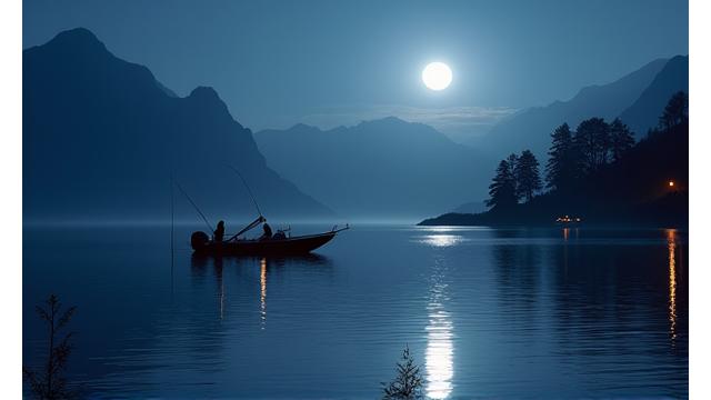 Eine malerische Szene eines Anglers, der während eines Sommer-Nachtangels einen grossen Hecht aus einem Schweizer See zieht. Der Vollmond spiegelt sich im dunklen Wasser, und die Umrisse der Alpen sind am Horizont sichtbar. Die Szene ist ruhig und mystisch beleuchtet.