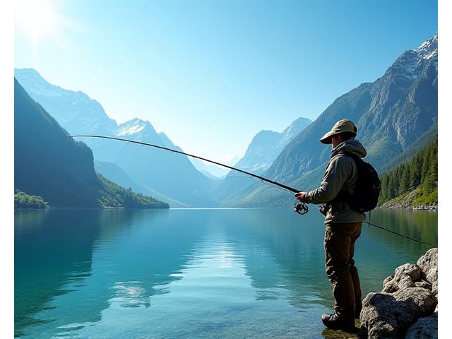 Ein Angler wirft professionell eine Angel im ruhigen blauen Wasser eines Schweizer Sees aus, umgeben von majestätischen Bergen unter einem sonnigen Himmel, eine digitale Kalender- oder Buchungsoberfläche ist subtil überlagert.