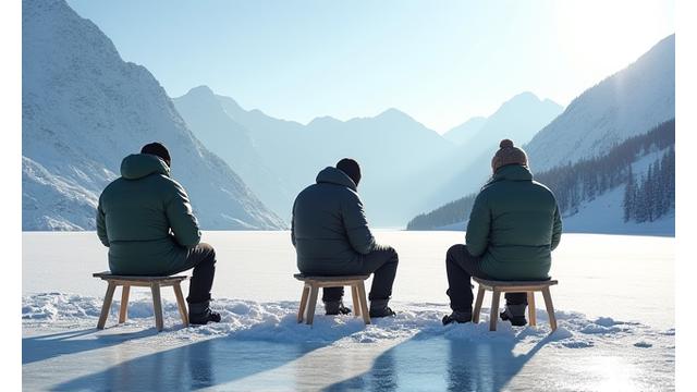 Drei Angler in warmer Winterkleidung beim Eisfischen auf einem zugefrorenen, schneebedeckten Bergsee in der Schweiz. Kleine Löcher sind ins Eis gebohrt, und die Angler sitzen auf Hockern, umgeben von schneebedeckten Gipfeln unter klarem, blauem Winterhimmel.