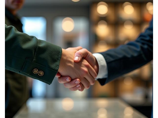 Handschlag zwischen zwei Geschäftspartnern vor einem Angelgeschäft