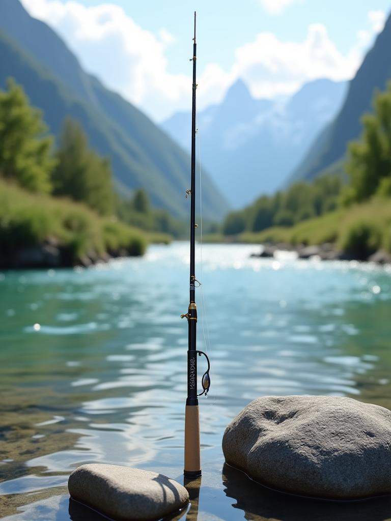 Majestätischer Schweizer Bergsee bei Sonnenaufgang, ein Angler bereitet Ausrüstung vor