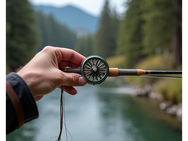Detailaufnahme einer Hand, die eine exquisite Fliegenrute mit geflochtener Schnur hält