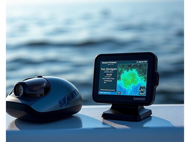 Smartes Echolot Display zeigt Fisch und Gewässerstruktur, daneben ein Smartphone mit App