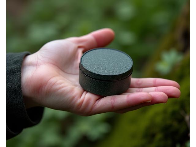 Hand hält Angelrolle aus recycelten Materialien, verschwommener grüner Hintergrund