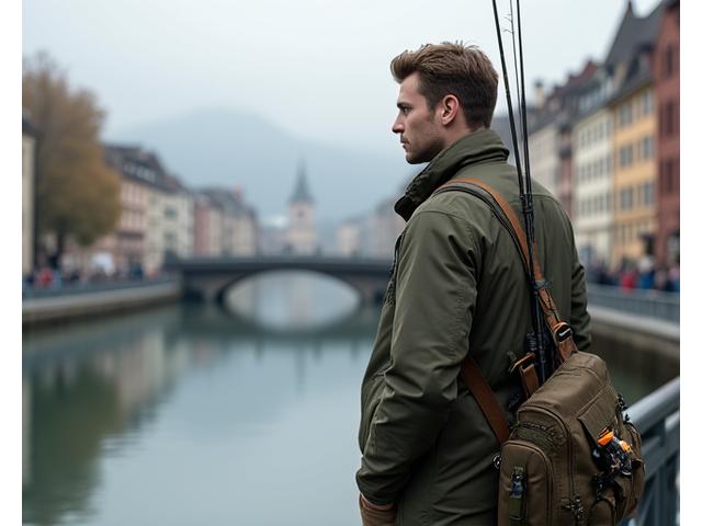 Urban Angler mit kompakter Angelrute an Zürcher Flussufer