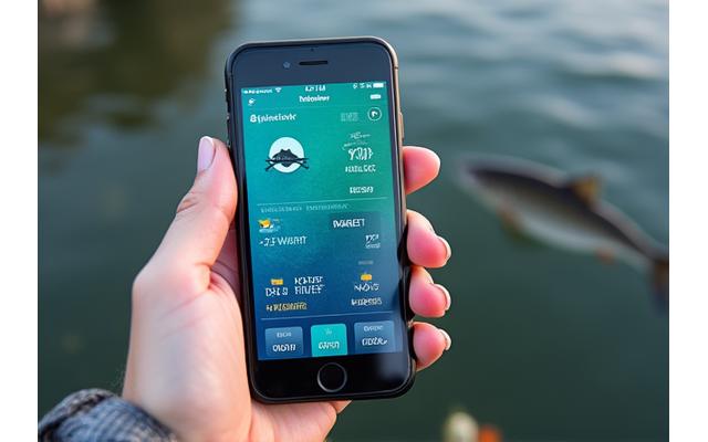 Smartphone mit Fisch-Symbol und Wetterdatenanzeige auf dem Bildschirm