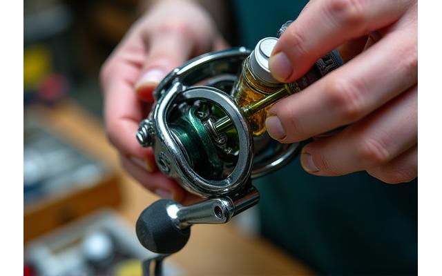 Hand reinigt Angelrolle mit speziellem Öl, Nahaufnahme