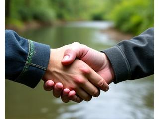 Handschlag zwischen zwei Personen vor einem Gewässerschutzplakat
