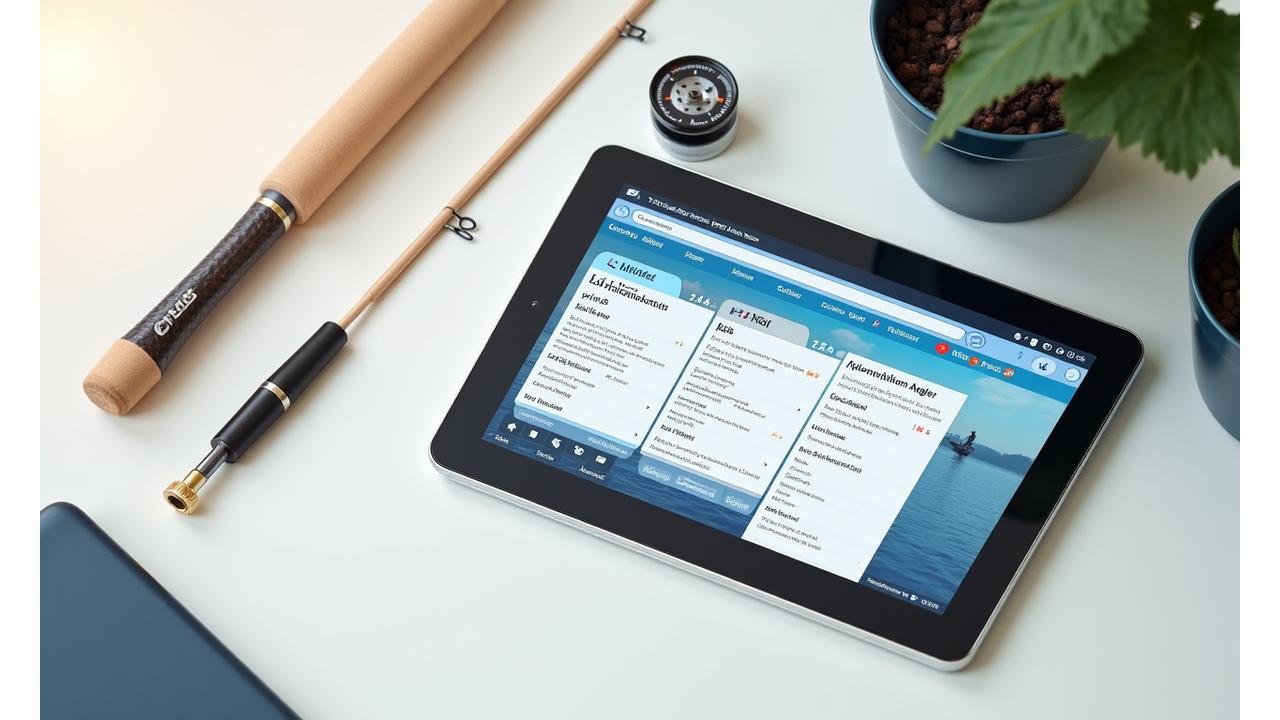 Tablet zeigt die FAQ-Sektion der Alpenström Angler Webseite, im Hintergrund Angelzubehör.