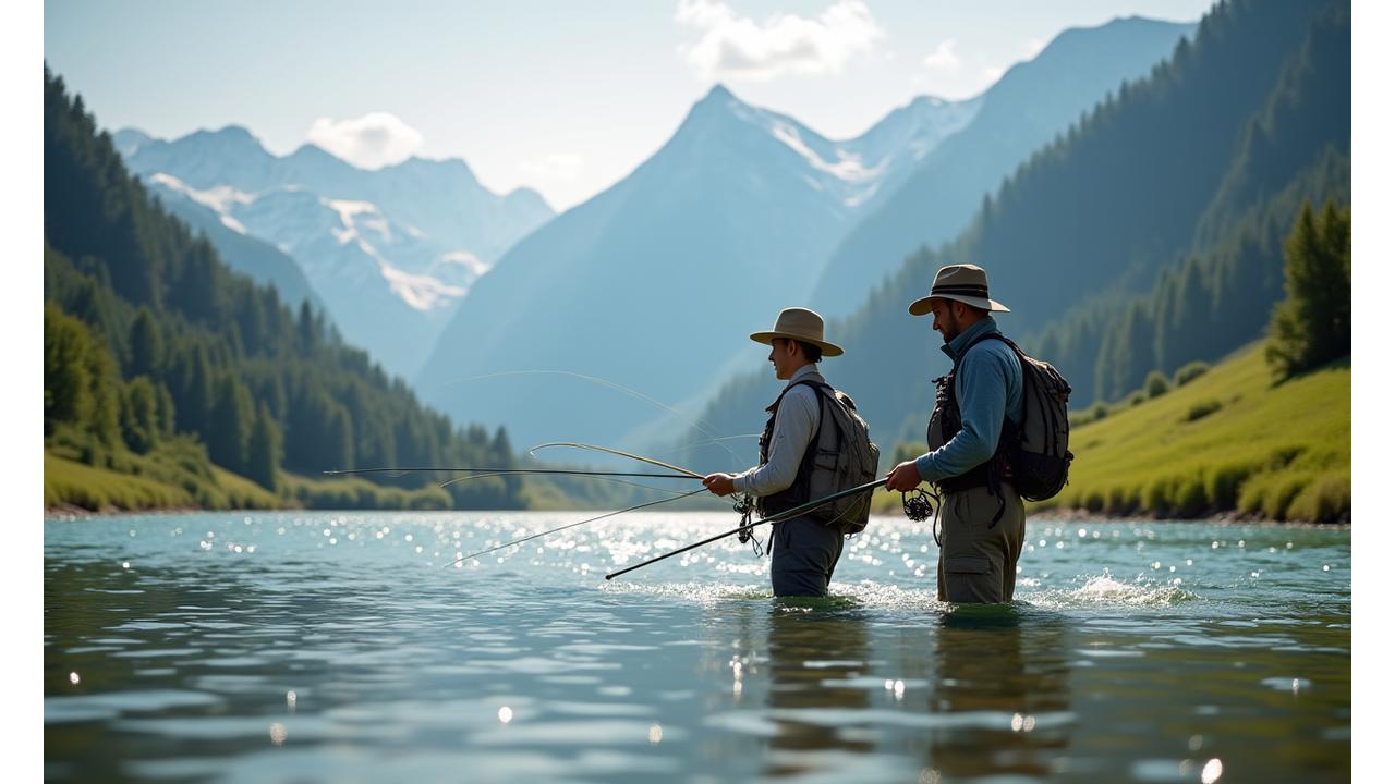 Workshop-Teilnehmer beim Fliegenfischen am Ufer eines klaren Schweizer Sees, betreut von einem Alpenström-Experten.