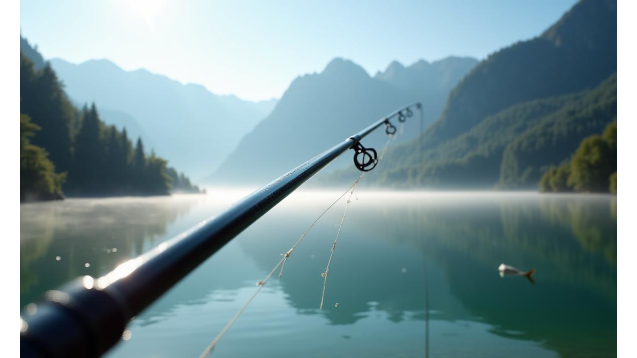 Nahaufnahme einer Alpenström Angler Hochleistungs-Angelrute mit Berkulisse im Hintergrund