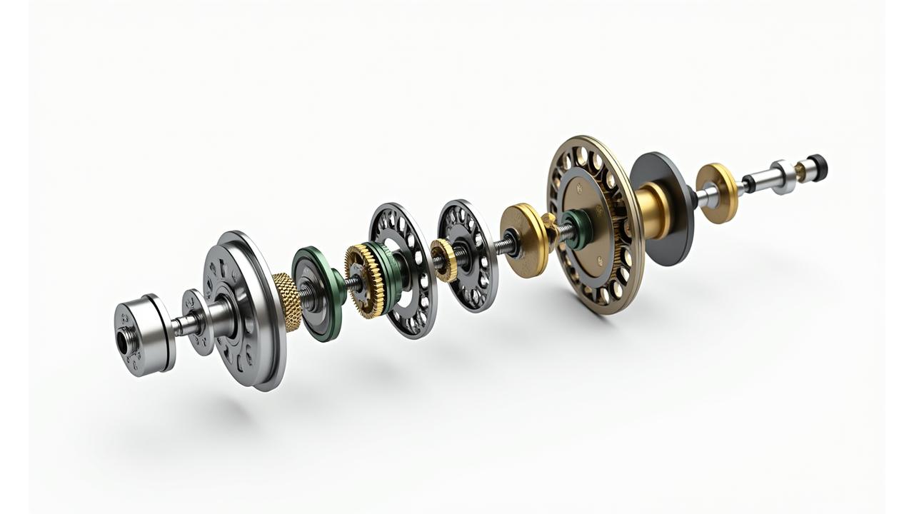 Zerlegte Angelrolle zeigt innere Mechanik