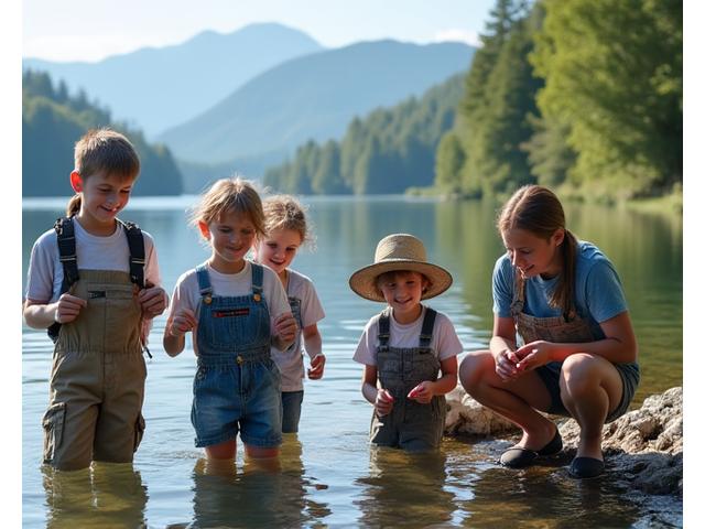Glückliche Kinder lernen mit einem Alpenström Angler Guide das Angeln an einem sonnigen Seeufer.