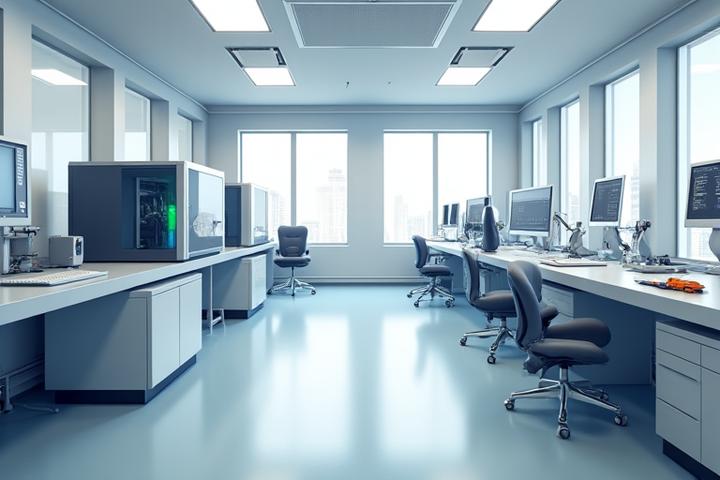 Inneres eines modernen, sauberen Forschungslabors mit Angelruten-Prototypen und 3D-Druckern.