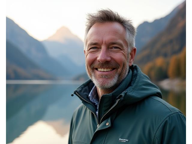Porträt von Martin Schweizer, CEO von Alpenström Angler, lächelnd vor einem Schweizer Bergsee.