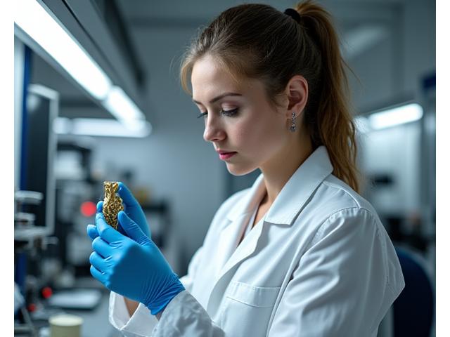 Porträt von Sarah Meier, Leiterin Produktentwicklung, in einem modernen Labor bei der Qualitätskontrolle einer Angelrute.