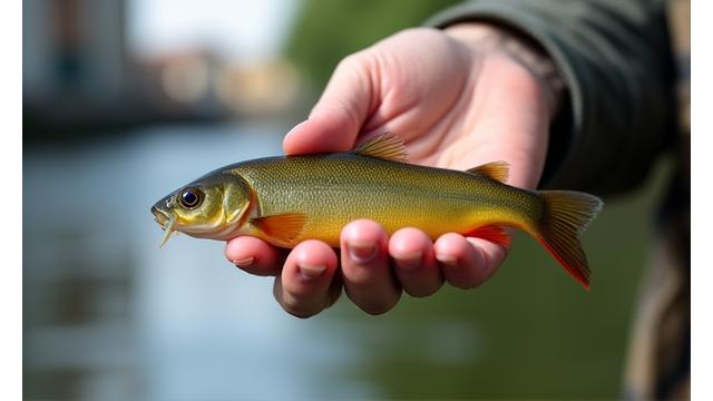 Hand hält einen kleinen Fisch vorsichtig über dem Wasser für Catch & Release