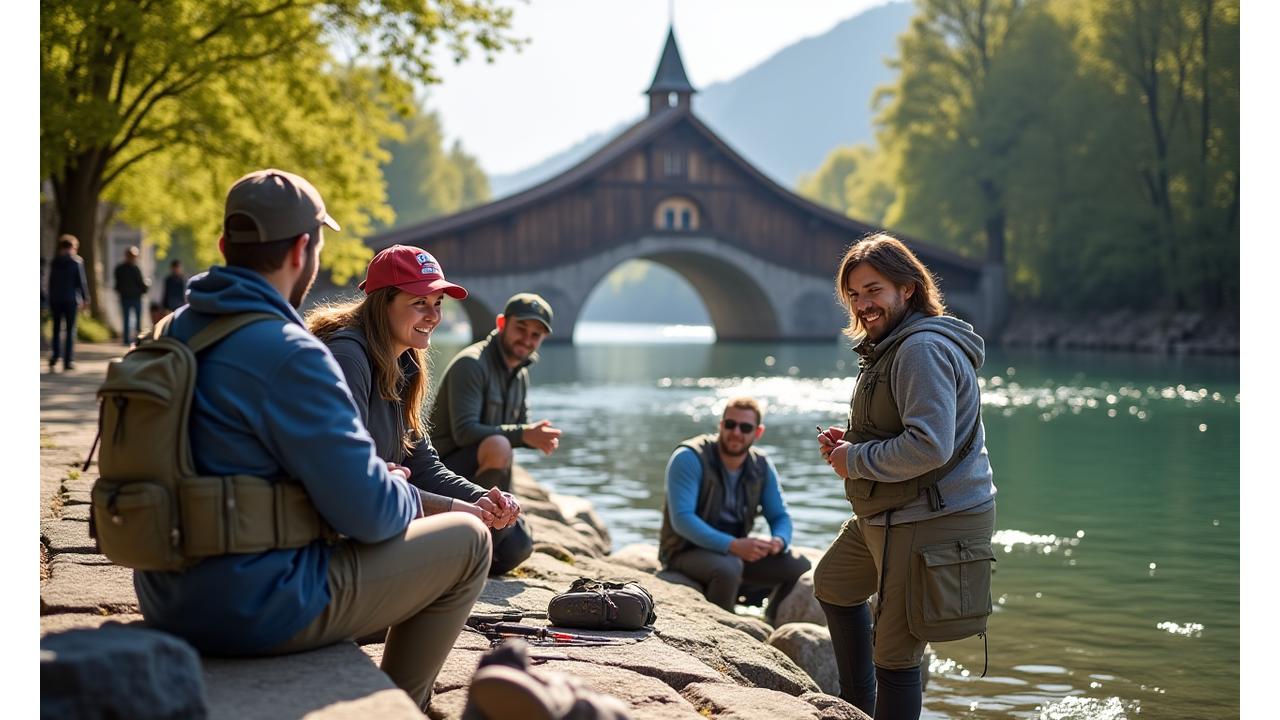 Gruppe von Urban Anglern trifft sich am Reussufer in Luzern, im Hintergrund Kapellbrücke