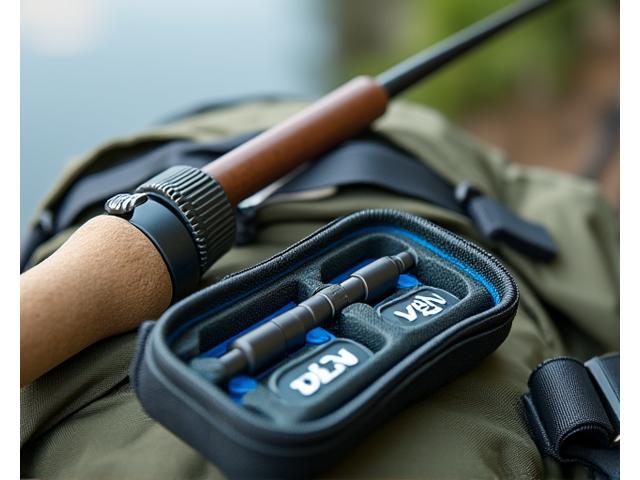 Kompakte, zerlegbare Angelrute und Mini-Angelbox auf einem Wanderrucksack liegend